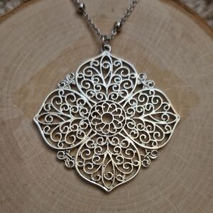 Silver Tone Open Work Pendant Long 31" w/ 5" Extension Statement Necklace